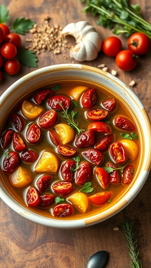 A bowl of sun-dried tomato marinade with tomatoes, garlic, and herbs on a rustic countertop.